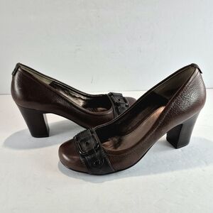 Sofft Academia Brown Leather Buckle Block Heels Pumps 7.5
